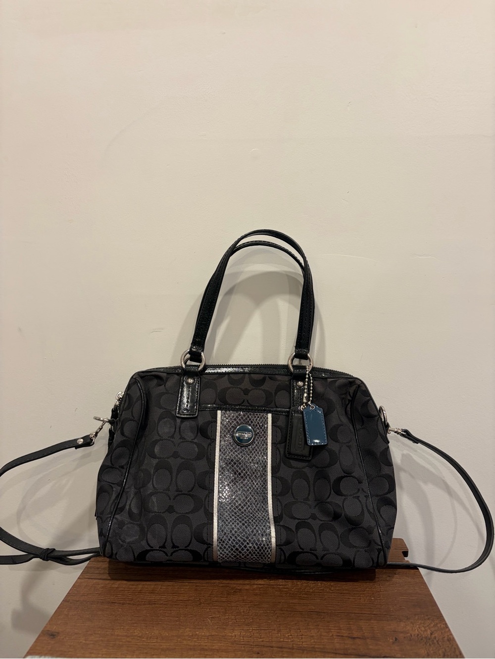 Vintage Coach Black Signature Canvas Satchel Shoulder Bag with Python Stripe